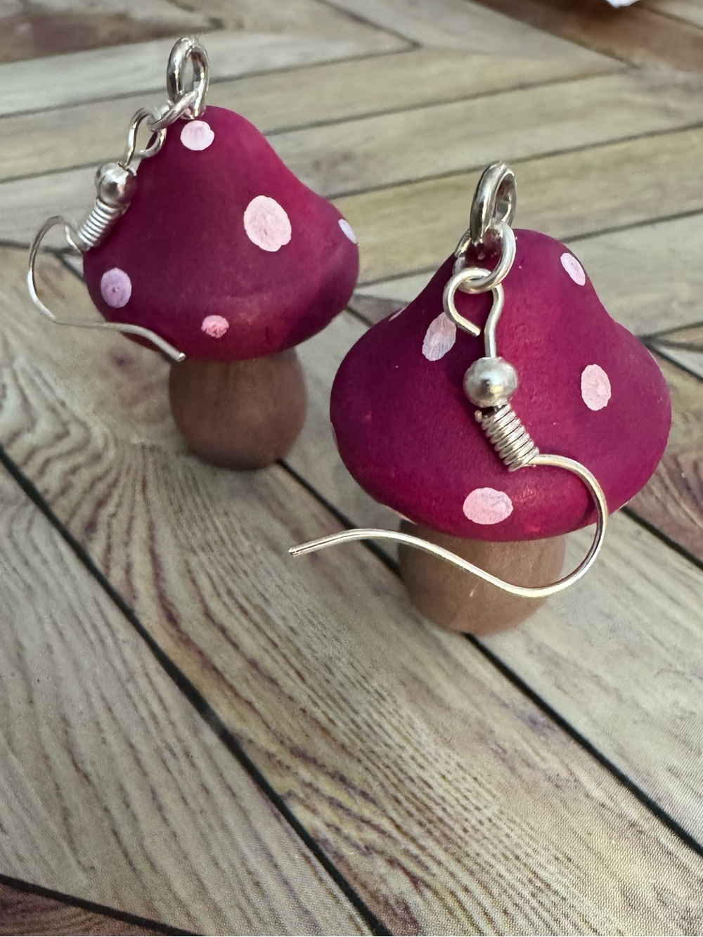Handmade Mushroom Dangle Earrings - Berry Red with Pink Dots